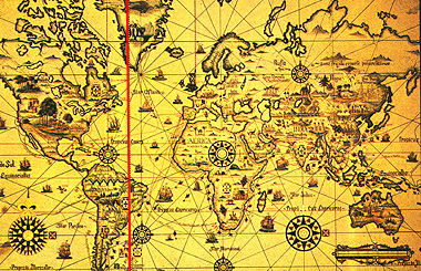 Weltkarte aus dem 16. Jahrhundert. 1494 teilte der Papst die Welt in den portugiesischen (östlich der roten Linie) und den spanische Einflussbereich (westlich) ein.